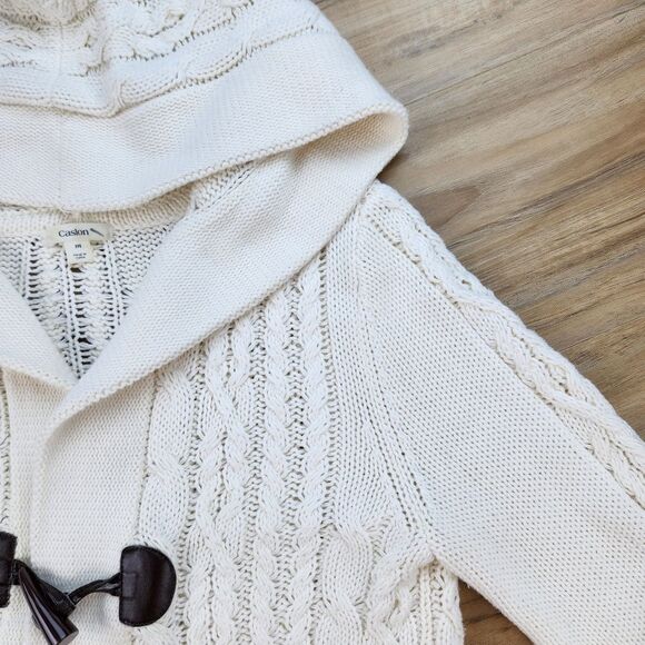 💜Caslon Ivory Cable Knit Button Hooded Long Sleeve Cardigan Medium - Picture 5 of 13